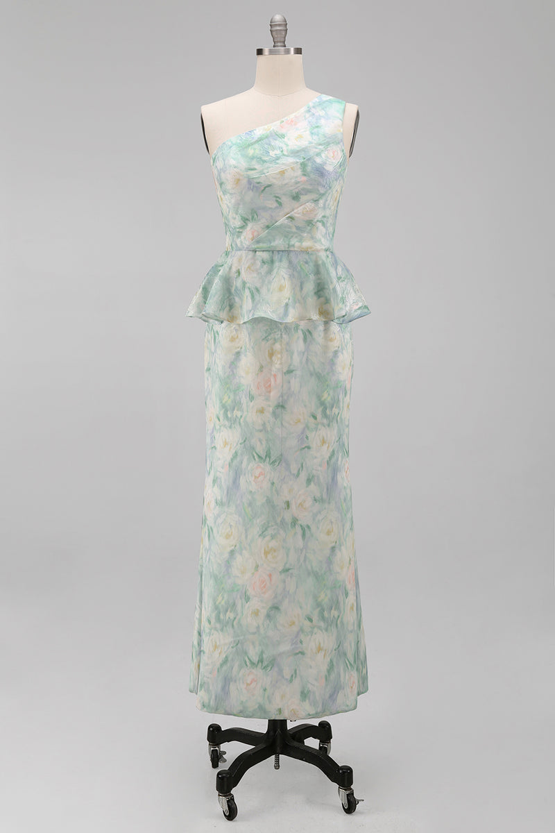 Load image into Gallery viewer, Floral One Shoulder Light Green Long Mermaid Ruched Formal Dress with Ruffles