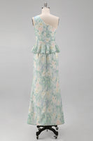 Load image into Gallery viewer, Floral One Shoulder Light Green Long Mermaid Ruched Formal Dress with Ruffles