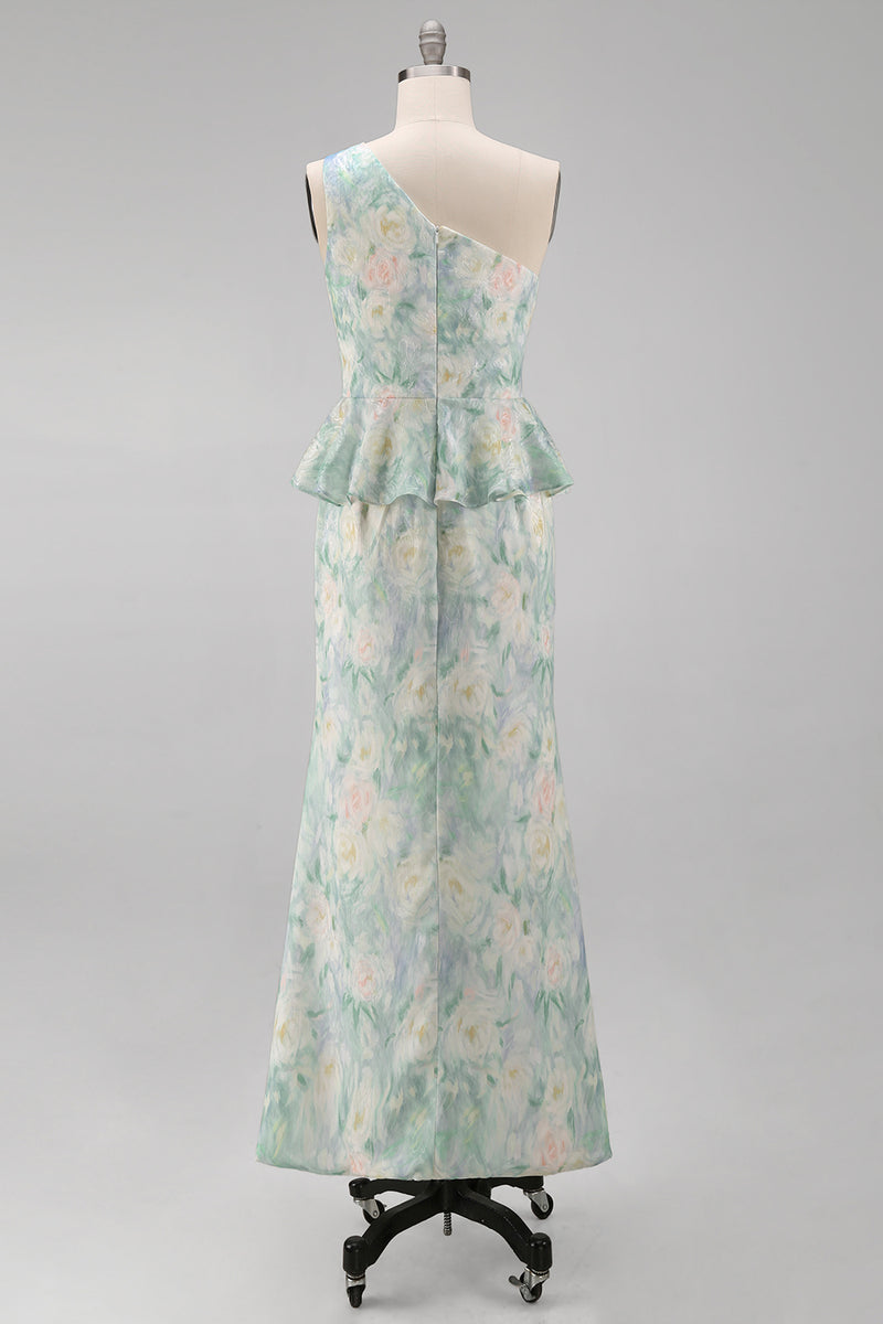 Load image into Gallery viewer, Floral One Shoulder Light Green Long Mermaid Ruched Formal Dress with Ruffles