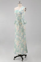 Load image into Gallery viewer, Floral One Shoulder Light Green Long Mermaid Ruched Formal Dress with Ruffles