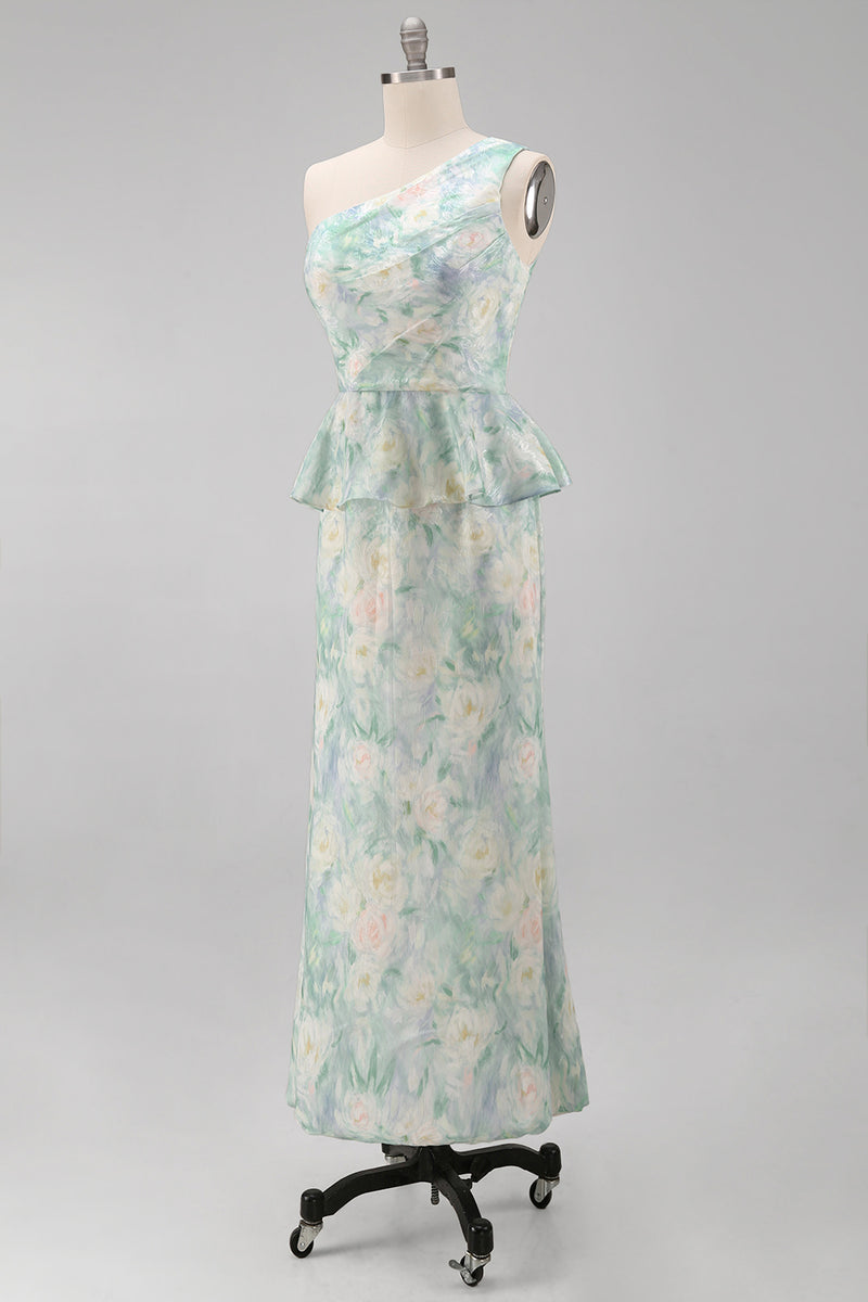 Load image into Gallery viewer, Floral One Shoulder Light Green Long Mermaid Ruched Formal Dress with Ruffles