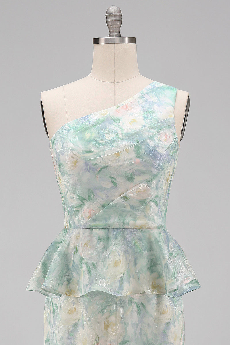 Load image into Gallery viewer, Floral One Shoulder Light Green Long Mermaid Ruched Formal Dress with Ruffles