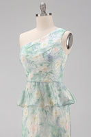 Load image into Gallery viewer, Floral One Shoulder Light Green Long Mermaid Ruched Formal Dress with Ruffles