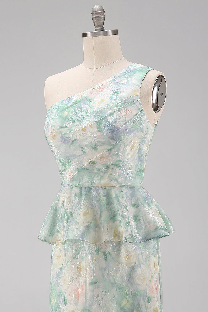 Load image into Gallery viewer, Floral One Shoulder Light Green Long Mermaid Ruched Formal Dress with Ruffles