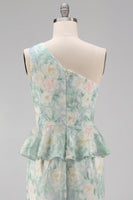 Load image into Gallery viewer, Floral One Shoulder Light Green Long Mermaid Ruched Formal Dress with Ruffles
