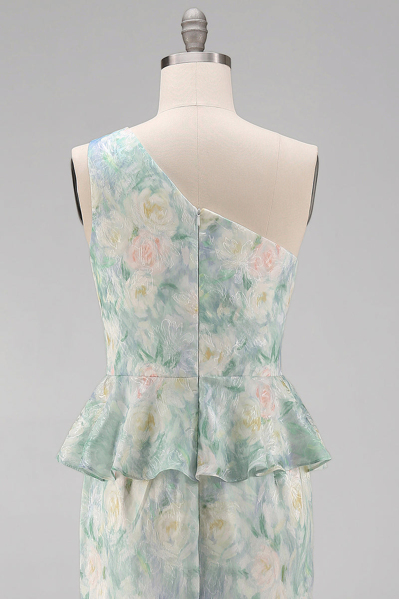 Load image into Gallery viewer, Floral One Shoulder Light Green Long Mermaid Ruched Formal Dress with Ruffles