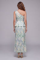 Load image into Gallery viewer, Floral One Shoulder Light Green Long Mermaid Ruched Formal Dress with Ruffles