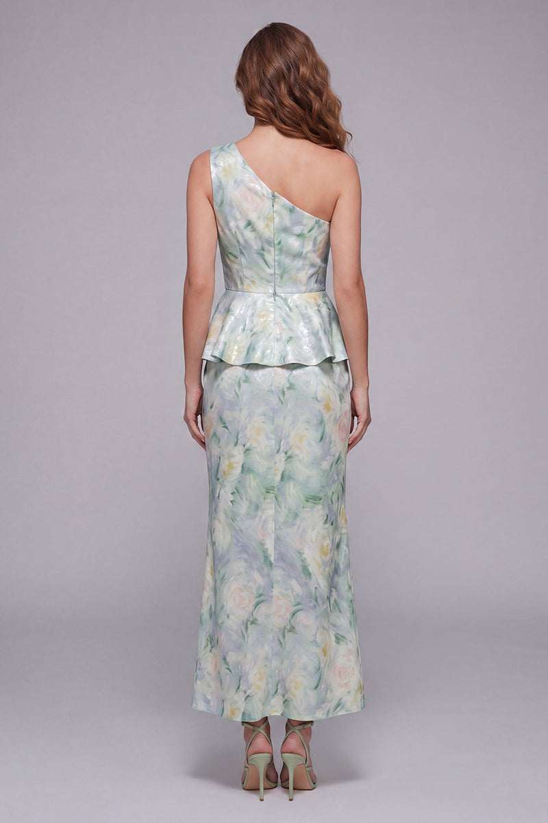 Load image into Gallery viewer, Floral One Shoulder Light Green Long Mermaid Ruched Formal Dress with Ruffles