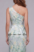 Load image into Gallery viewer, Floral One Shoulder Light Green Long Mermaid Ruched Formal Dress with Ruffles