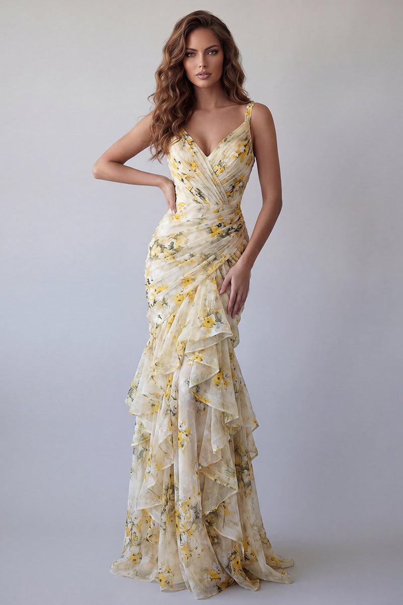 Load image into Gallery viewer, V-Neck Light Yellow Mermaid Floral Long Ruched Formal Dress with Ruffles