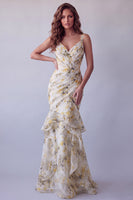 Load image into Gallery viewer, V-Neck Light Yellow Mermaid Floral Long Ruched Formal Dress with Ruffles