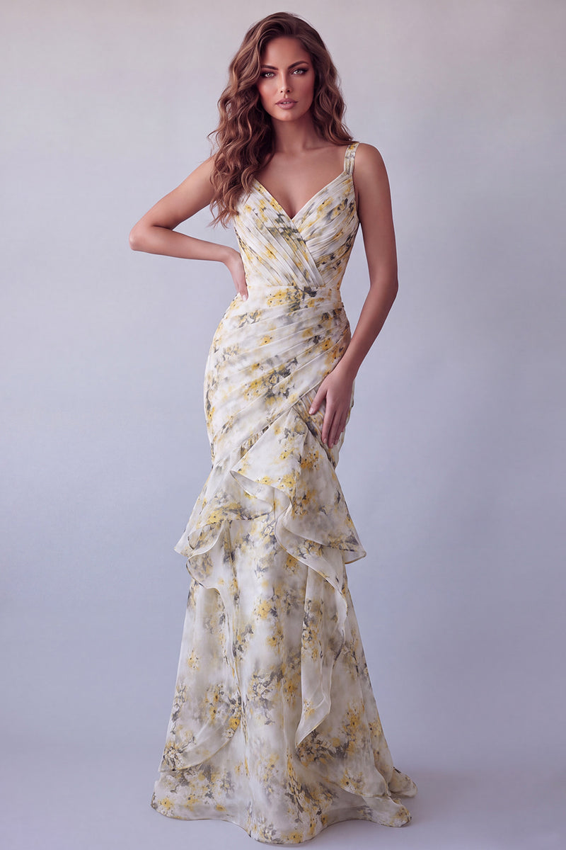 Load image into Gallery viewer, V-Neck Light Yellow Mermaid Floral Long Ruched Formal Dress with Ruffles
