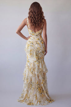 V-Neck Light Yellow Mermaid Floral Long Ruched Formal Dress with Ruffles