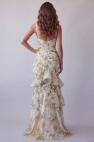 Load image into Gallery viewer, V-Neck Light Yellow Mermaid Floral Long Ruched Formal Dress with Ruffles