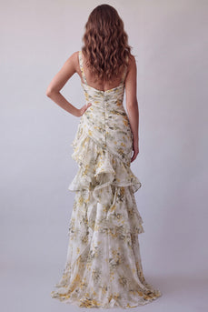 V-Neck Light Yellow Mermaid Floral Long Ruched Formal Dress with Ruffles