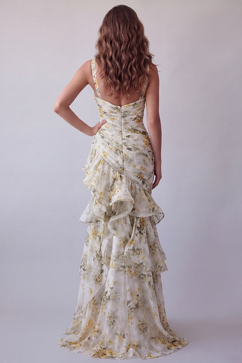 Load image into Gallery viewer, V-Neck Light Yellow Mermaid Floral Long Ruched Formal Dress with Ruffles