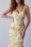 Load image into Gallery viewer, V-Neck Light Yellow Mermaid Floral Long Ruched Formal Dress with Ruffles