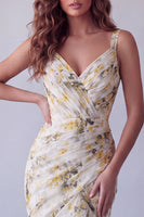Load image into Gallery viewer, V-Neck Light Yellow Mermaid Floral Long Ruched Formal Dress with Ruffles