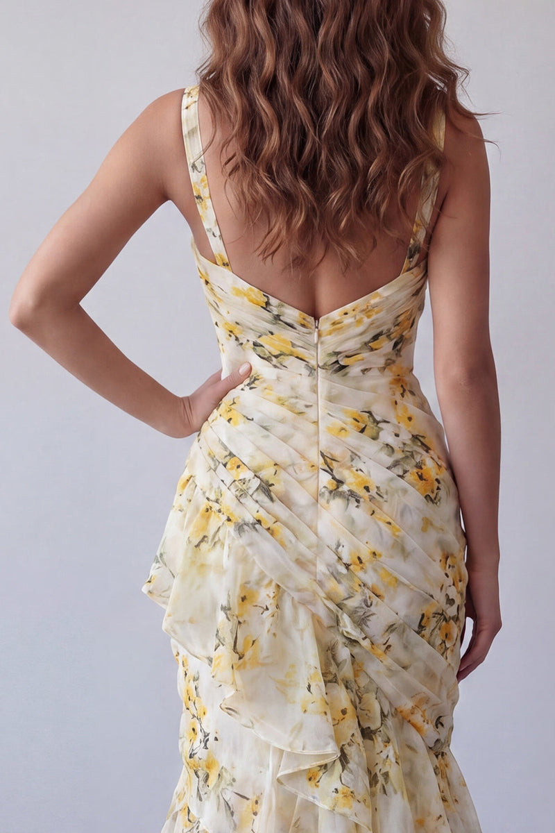 Load image into Gallery viewer, V-Neck Light Yellow Mermaid Floral Long Ruched Formal Dress with Ruffles