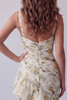Load image into Gallery viewer, V-Neck Light Yellow Mermaid Floral Long Ruched Formal Dress with Ruffles