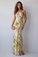 Load image into Gallery viewer, Mermaid Light Yellow Floral Long One Shoulder Ruched Formal Dress