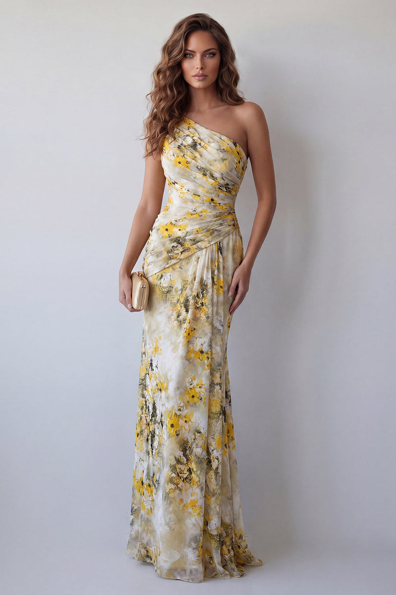 Load image into Gallery viewer, Mermaid Light Yellow Floral Long One Shoulder Ruched Formal Dress