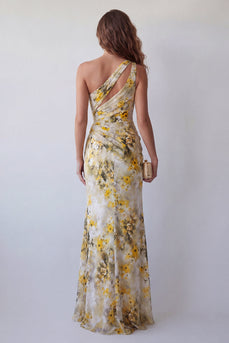 Mermaid Light Yellow Floral Long One Shoulder Ruched Formal Dress