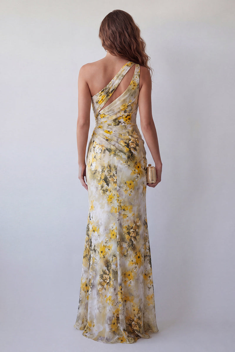 Load image into Gallery viewer, Mermaid Light Yellow Floral Long One Shoulder Ruched Formal Dress