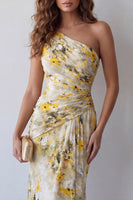 Load image into Gallery viewer, Mermaid Light Yellow Floral Long One Shoulder Ruched Formal Dress