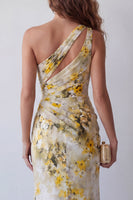 Load image into Gallery viewer, Mermaid Light Yellow Floral Long One Shoulder Ruched Formal Dress