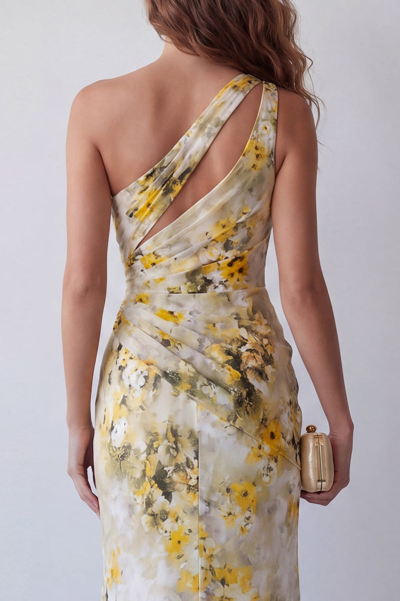 Load image into Gallery viewer, Mermaid Light Yellow Floral Long One Shoulder Ruched Formal Dress