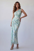 Load image into Gallery viewer, Light Green Floral One Shoulder Mermaid Long Ruched Formal Dress