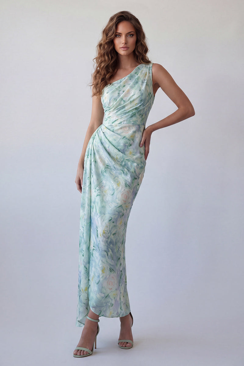 Load image into Gallery viewer, Light Green Floral One Shoulder Mermaid Long Ruched Formal Dress