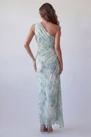 Load image into Gallery viewer, Light Green Floral One Shoulder Mermaid Long Ruched Formal Dress
