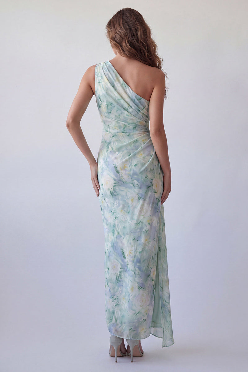 Load image into Gallery viewer, Light Green Floral One Shoulder Mermaid Long Ruched Formal Dress