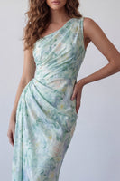 Load image into Gallery viewer, Light Green Floral One Shoulder Mermaid Long Ruched Formal Dress