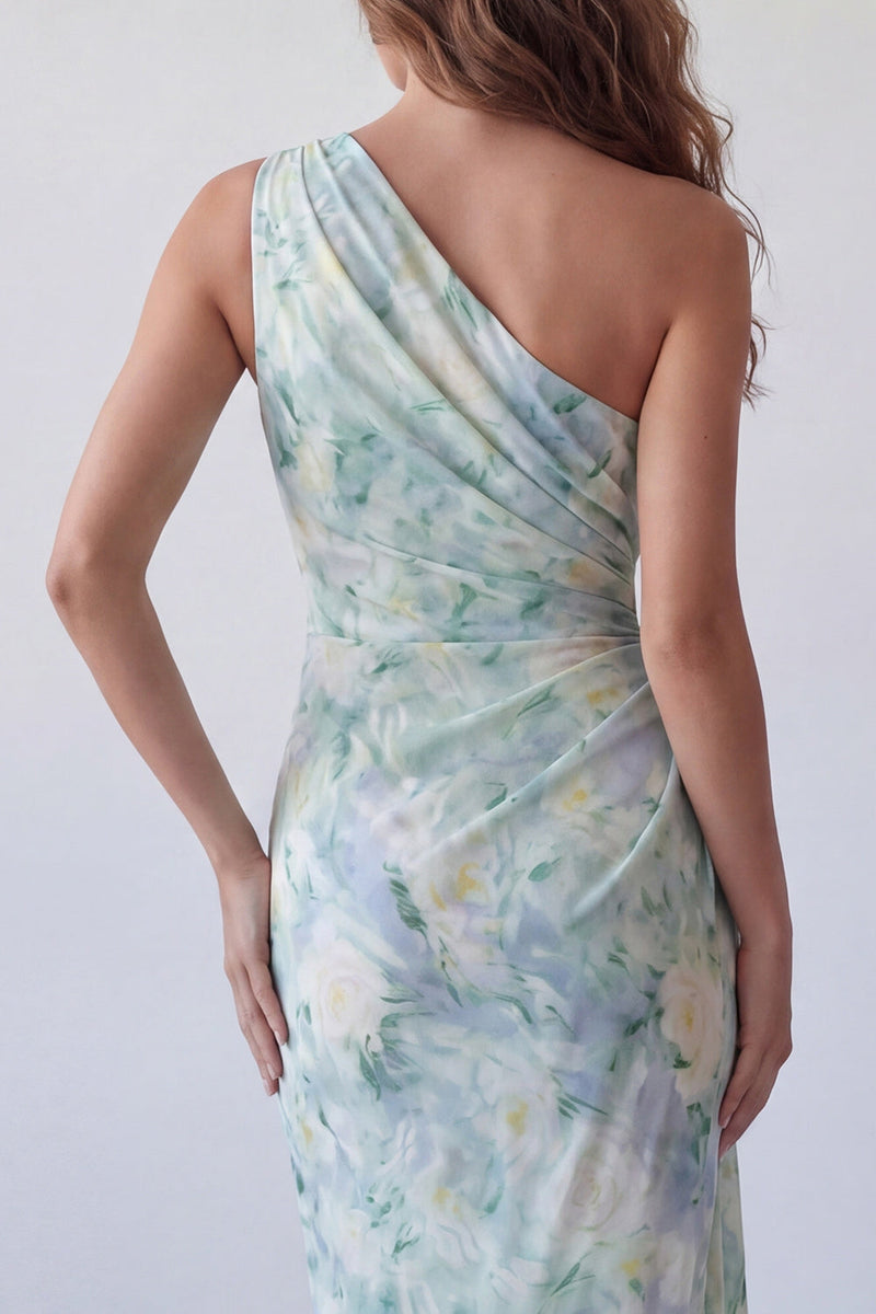 Load image into Gallery viewer, Light Green Floral One Shoulder Mermaid Long Ruched Formal Dress