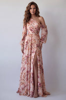 Load image into Gallery viewer, Pink One Shoulder Floral Long A Line Ruched Formal Dress with Slit