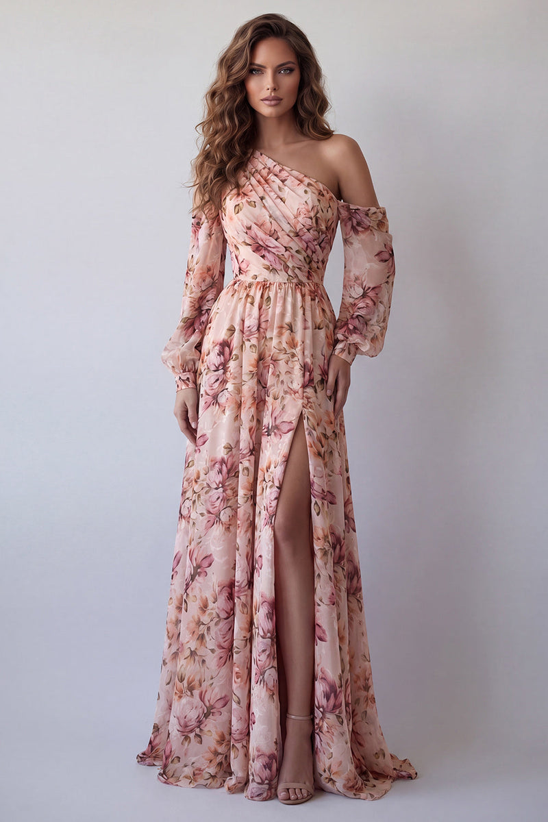 Load image into Gallery viewer, Pink One Shoulder Floral Long A Line Ruched Formal Dress with Slit