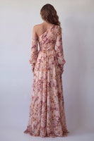 Load image into Gallery viewer, Pink One Shoulder Floral Long A Line Ruched Formal Dress with Slit