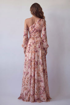 Pink One Shoulder Floral Long A Line Ruched Formal Dress with Slit