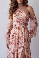 Load image into Gallery viewer, Pink One Shoulder Floral Long A Line Ruched Formal Dress with Slit