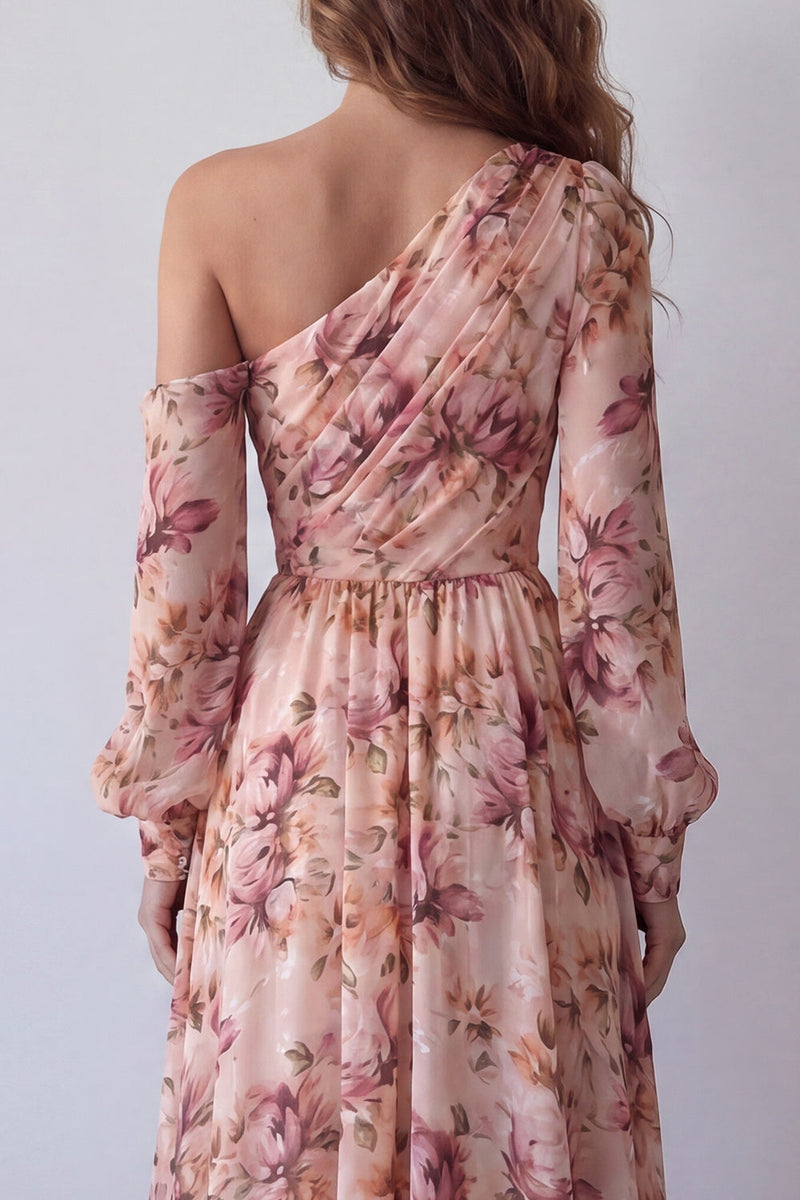 Load image into Gallery viewer, Pink One Shoulder Floral Long A Line Ruched Formal Dress with Slit