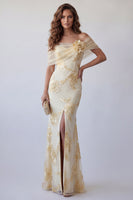 Load image into Gallery viewer, Floral Light Yellow Long Mermaid Off the Shoulder Formal Dress with 3D Flower