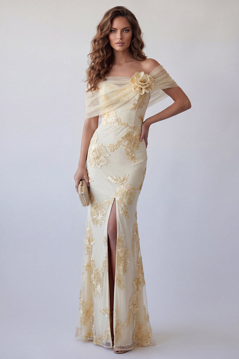 Load image into Gallery viewer, Floral Light Yellow Long Mermaid Off the Shoulder Formal Dress with 3D Flower