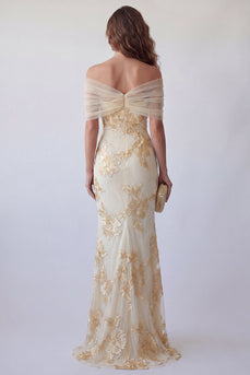 Floral Light Yellow Long Mermaid Off the Shoulder Formal Dress with 3D Flower