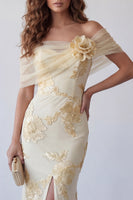 Load image into Gallery viewer, Floral Light Yellow Long Mermaid Off the Shoulder Formal Dress with 3D Flower