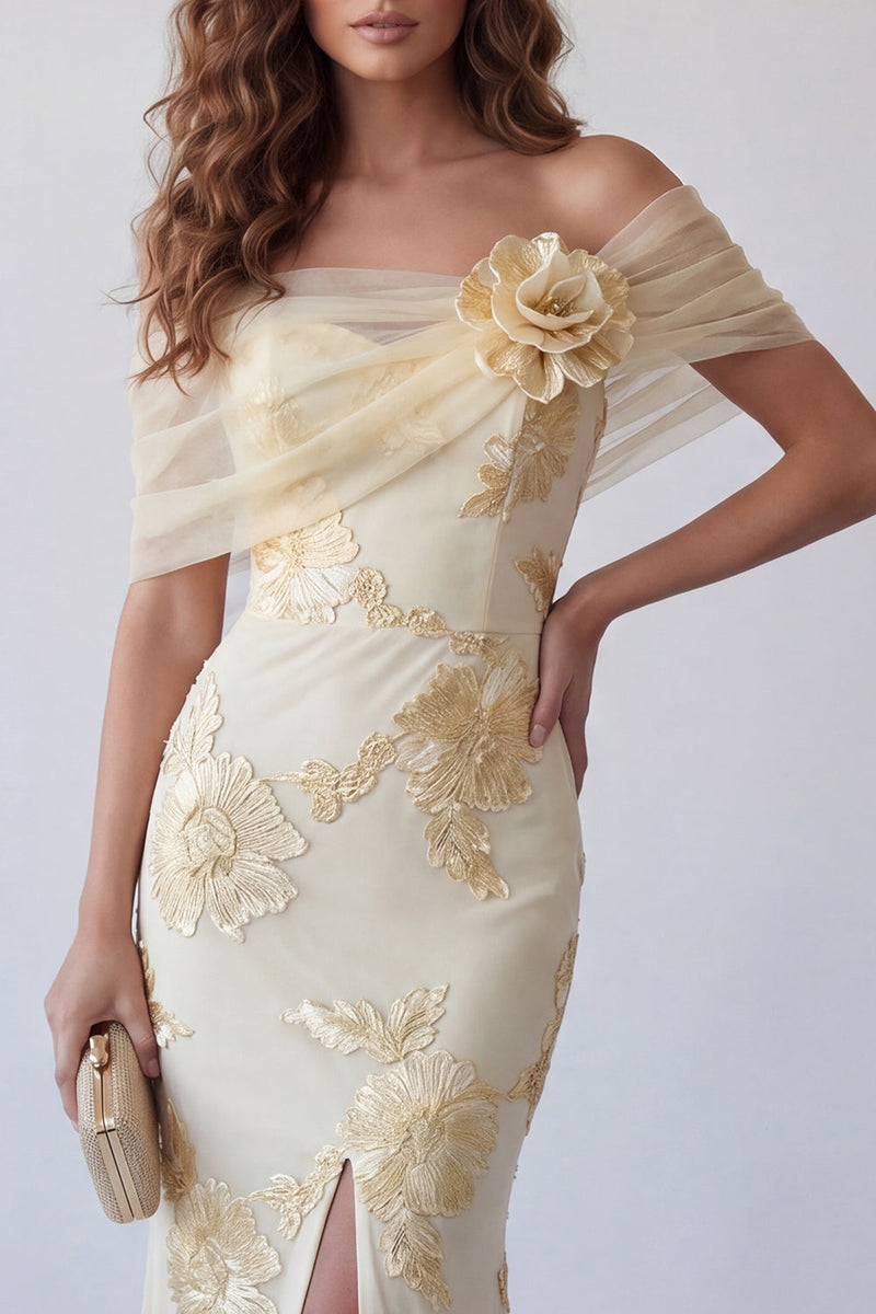 Load image into Gallery viewer, Floral Light Yellow Long Mermaid Off the Shoulder Formal Dress with 3D Flower