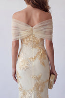 Load image into Gallery viewer, Floral Light Yellow Long Mermaid Off the Shoulder Formal Dress with 3D Flower