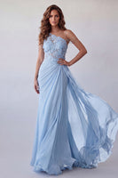 Load image into Gallery viewer, Floral Sky Blue Mermaid Long Beaded Ruched Formal Dress with Side Cape